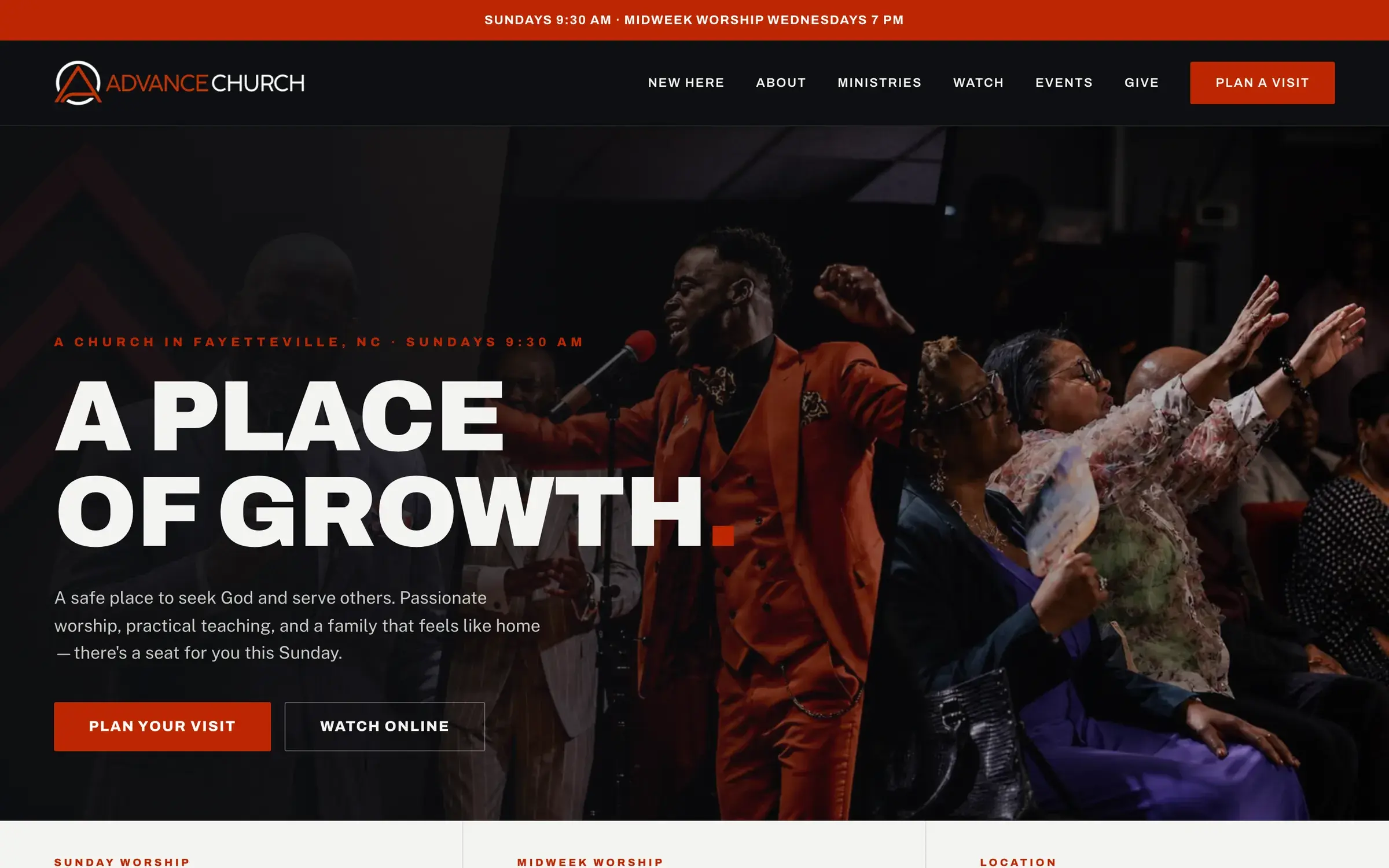 Advance Church website, above the fold