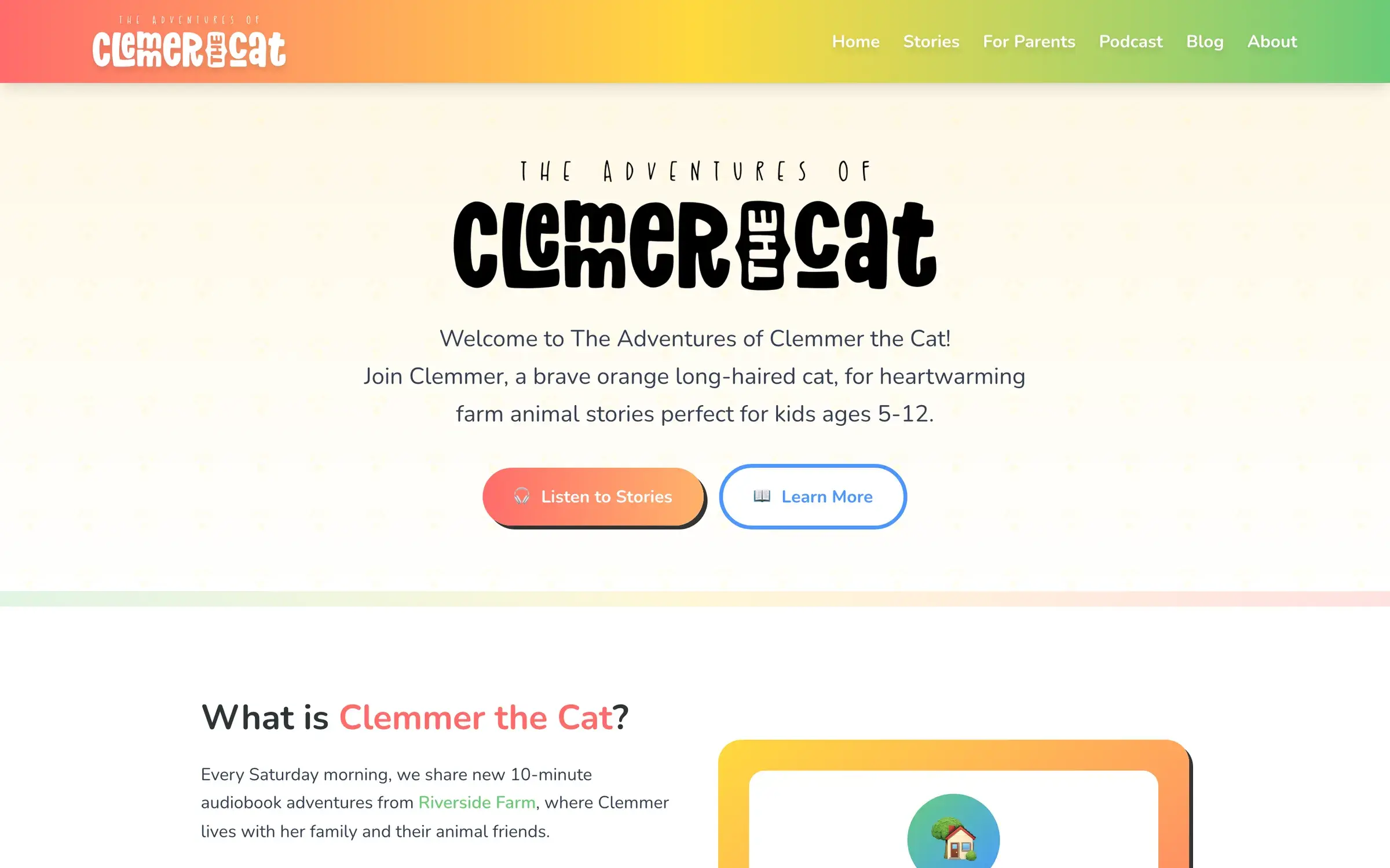 Clemmer the Cat website, above the fold