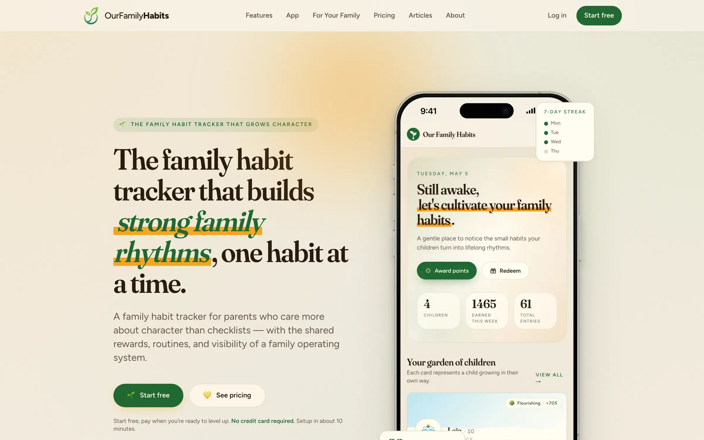 Our Family Habits website, above the fold