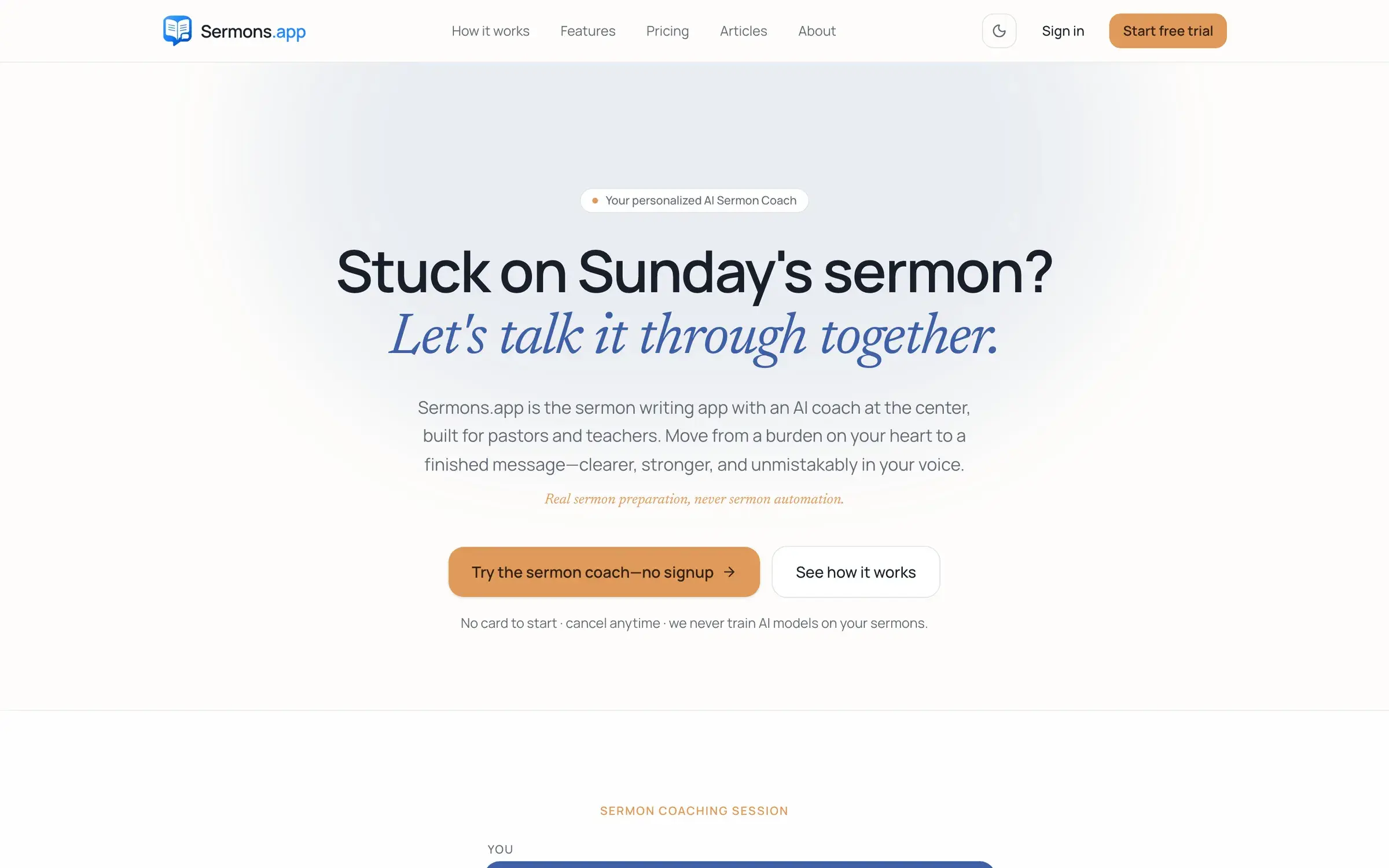 Sermons.app website, above the fold
