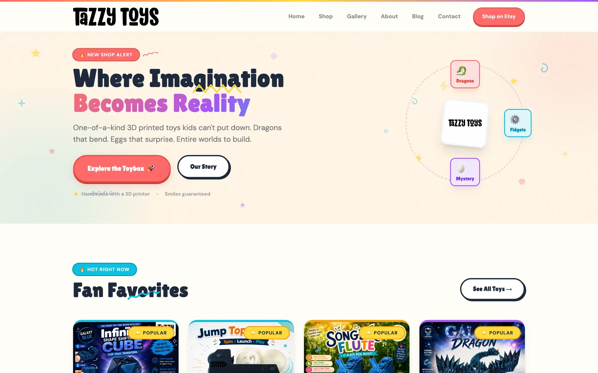 Tazzy Toys website, above the fold