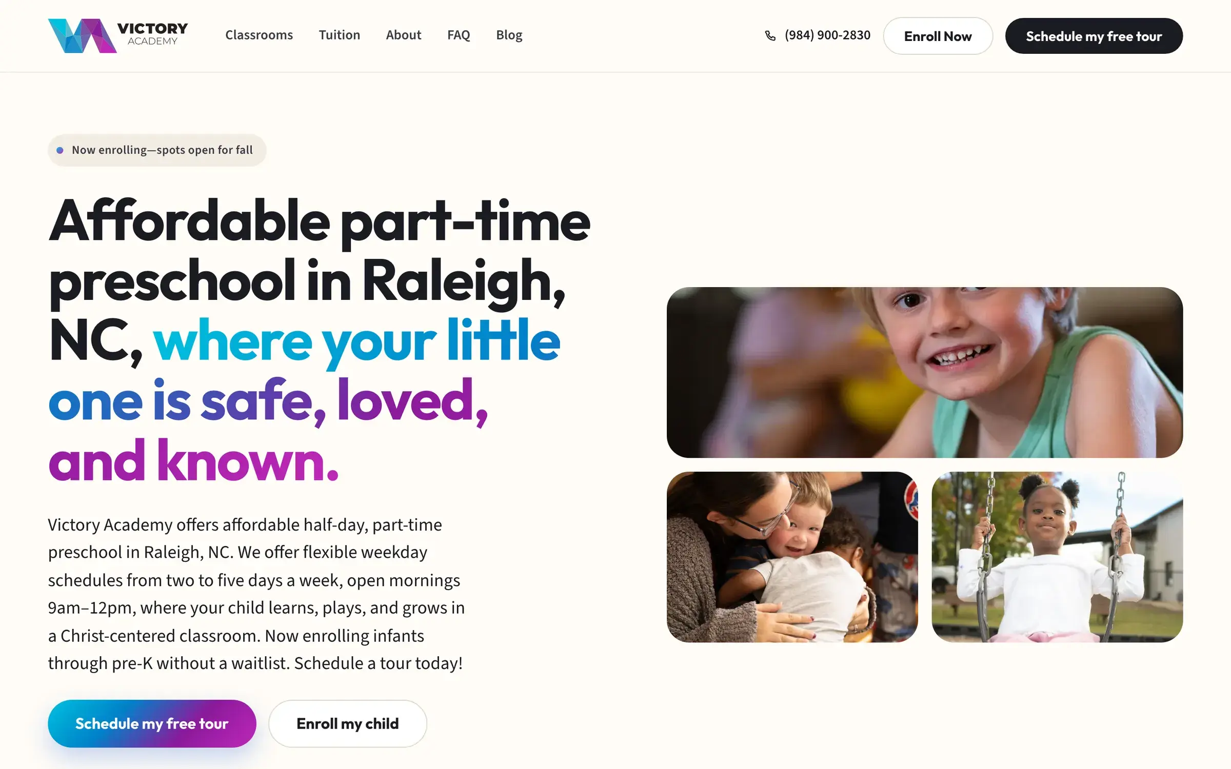 Victory Academy website, above the fold
