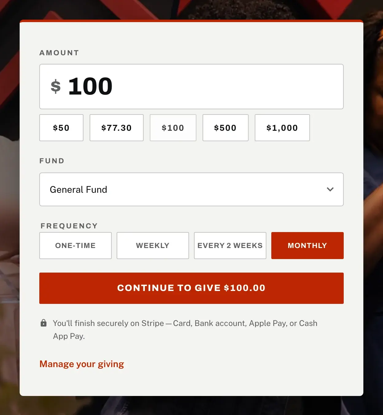 Advance Church's online giving form: choose a fund, an amount, and one-time or recurring