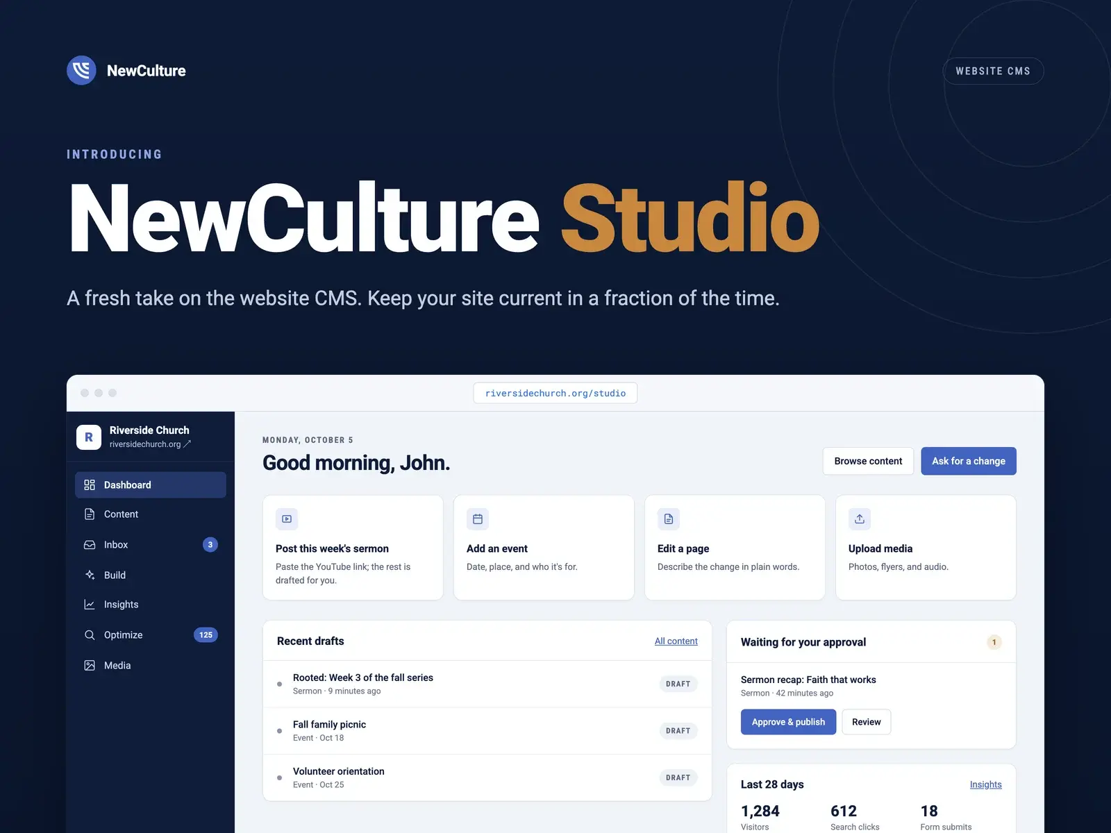 Introducing NewCulture Studio: a fresh take on the website CMS, shown on a church dashboard