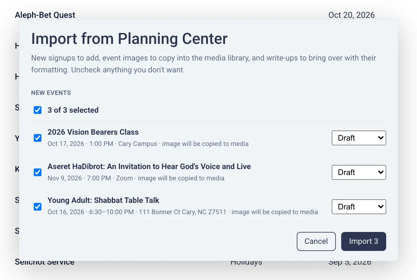 Importing events from Planning Center into NewCulture Studio for a Messianic congregation with one click