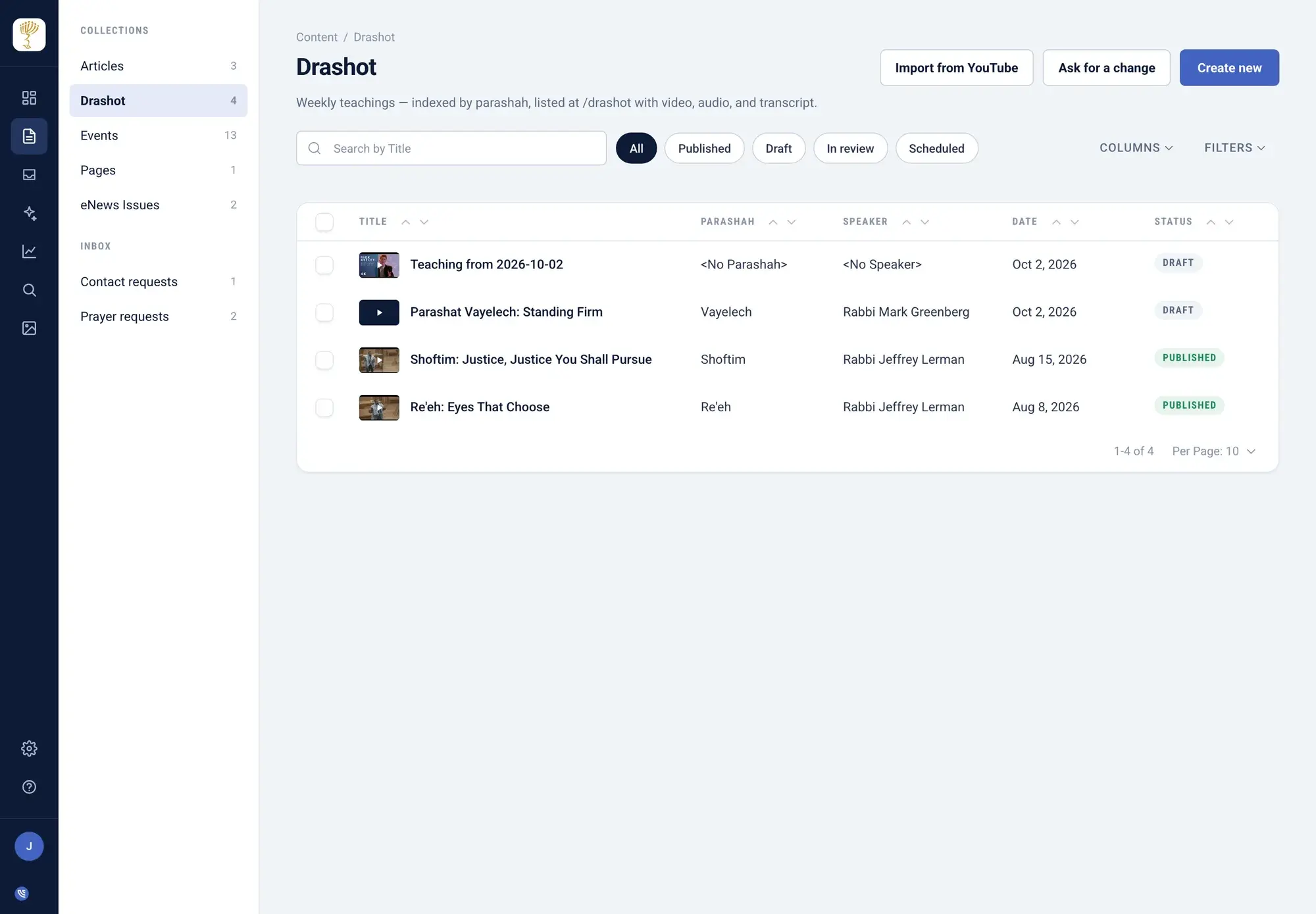 Content list in NewCulture Studio showing teachings with status and dates