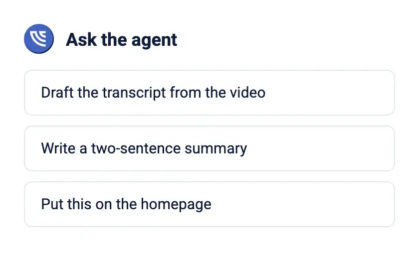 Quick prompts on a NewCulture Studio edit screen: draft the transcript, write a summary, put this on the homepage