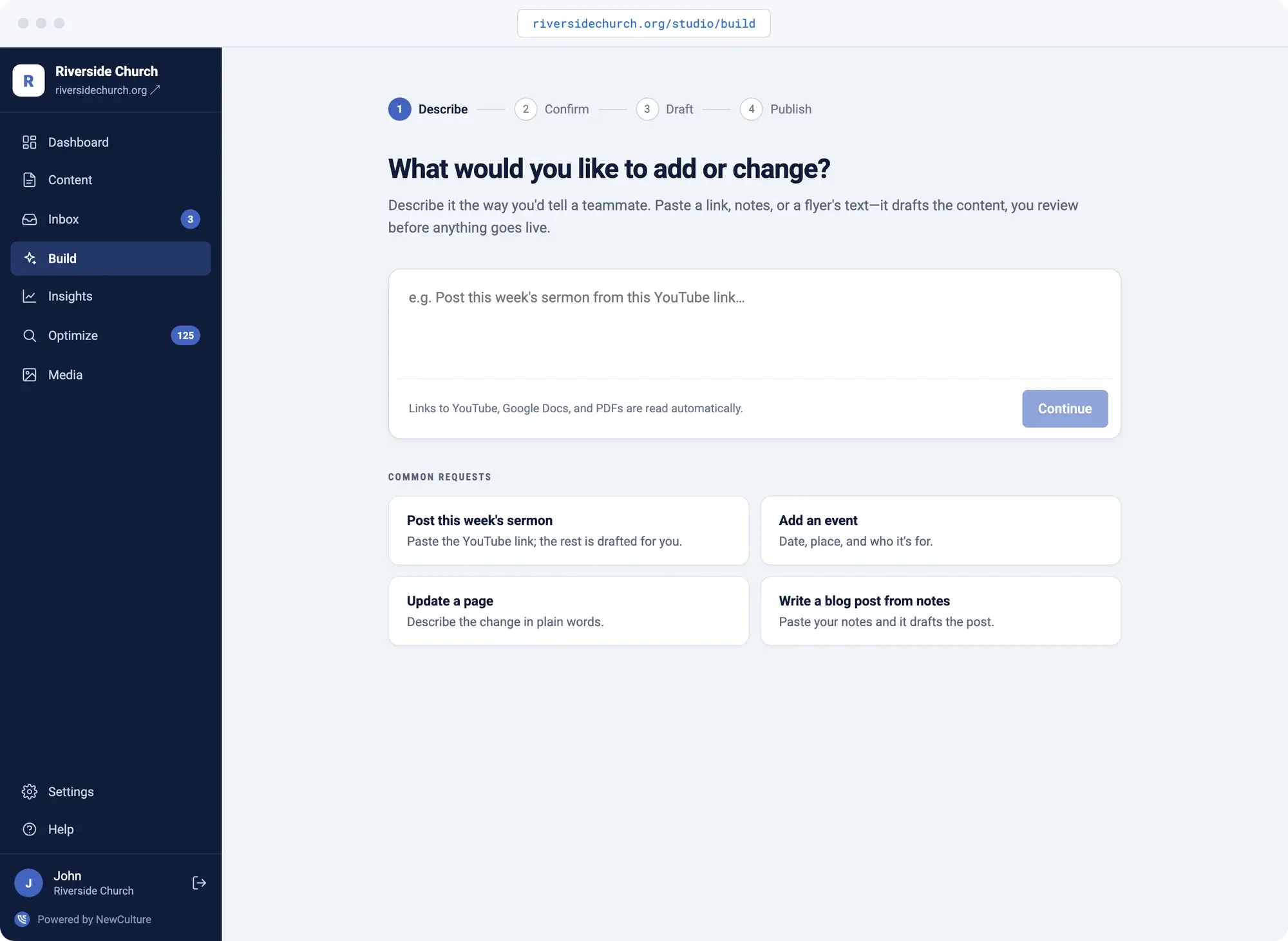 The Build screen in NewCulture Studio: describe what you want to add or change in plain words