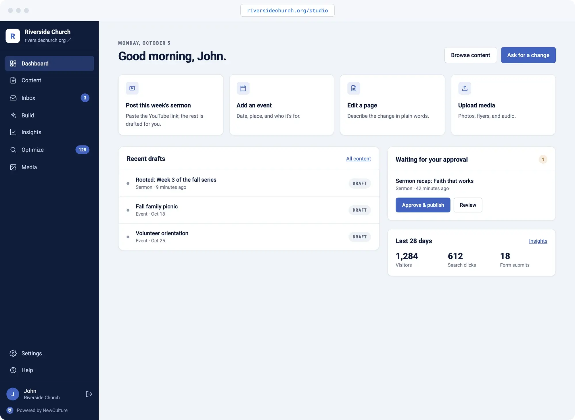 NewCulture Studio dashboard for a church: quick actions, recent drafts, a sermon recap waiting for approval, and the last 28 days of visitors and search clicks