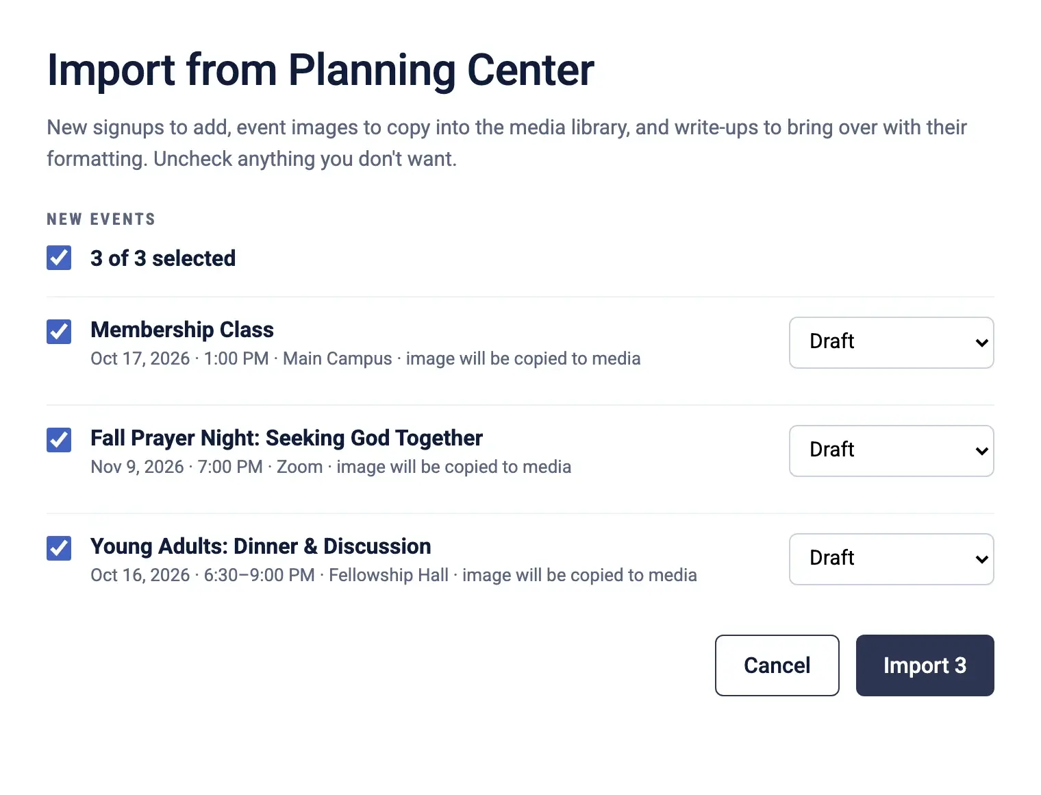 Importing church events from Planning Center into NewCulture Studio with one click