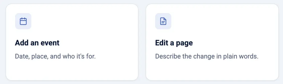Studio dashboard quick actions: add an event, or describe a page change in plain words