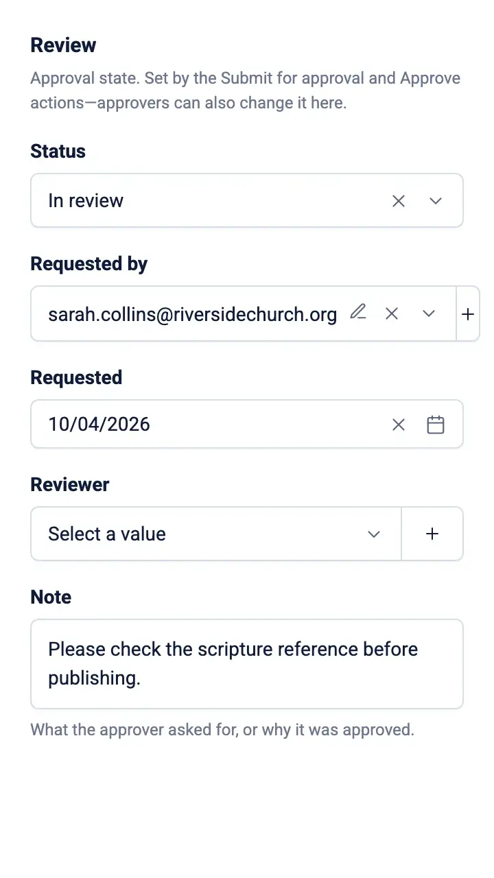 The review panel on a draft in NewCulture Studio: in review, who requested it, and a note from the approver