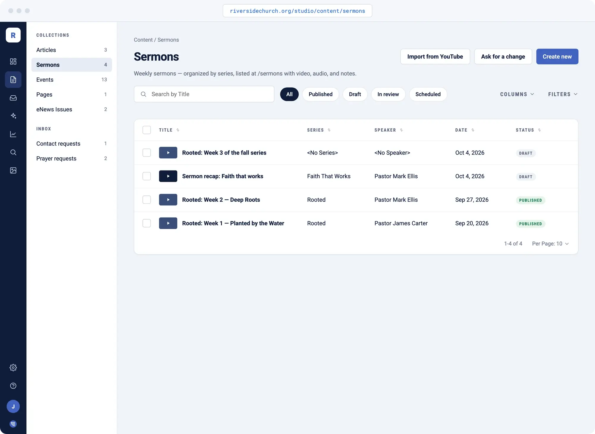 The sermons list in NewCulture Studio with series, speaker, status, and an Import from YouTube button