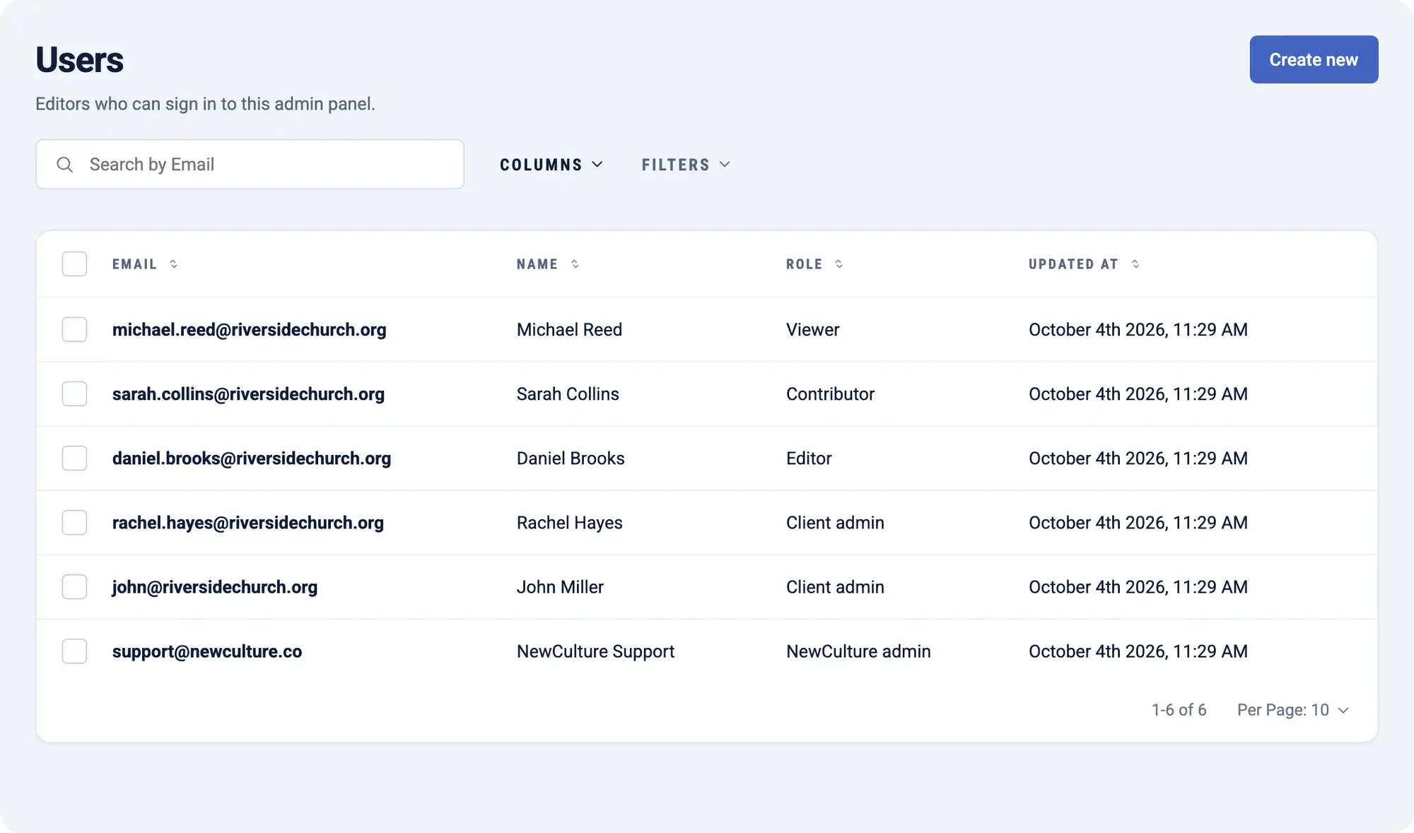 The users list in NewCulture Studio showing each person's role: admin, editor, contributor, viewer