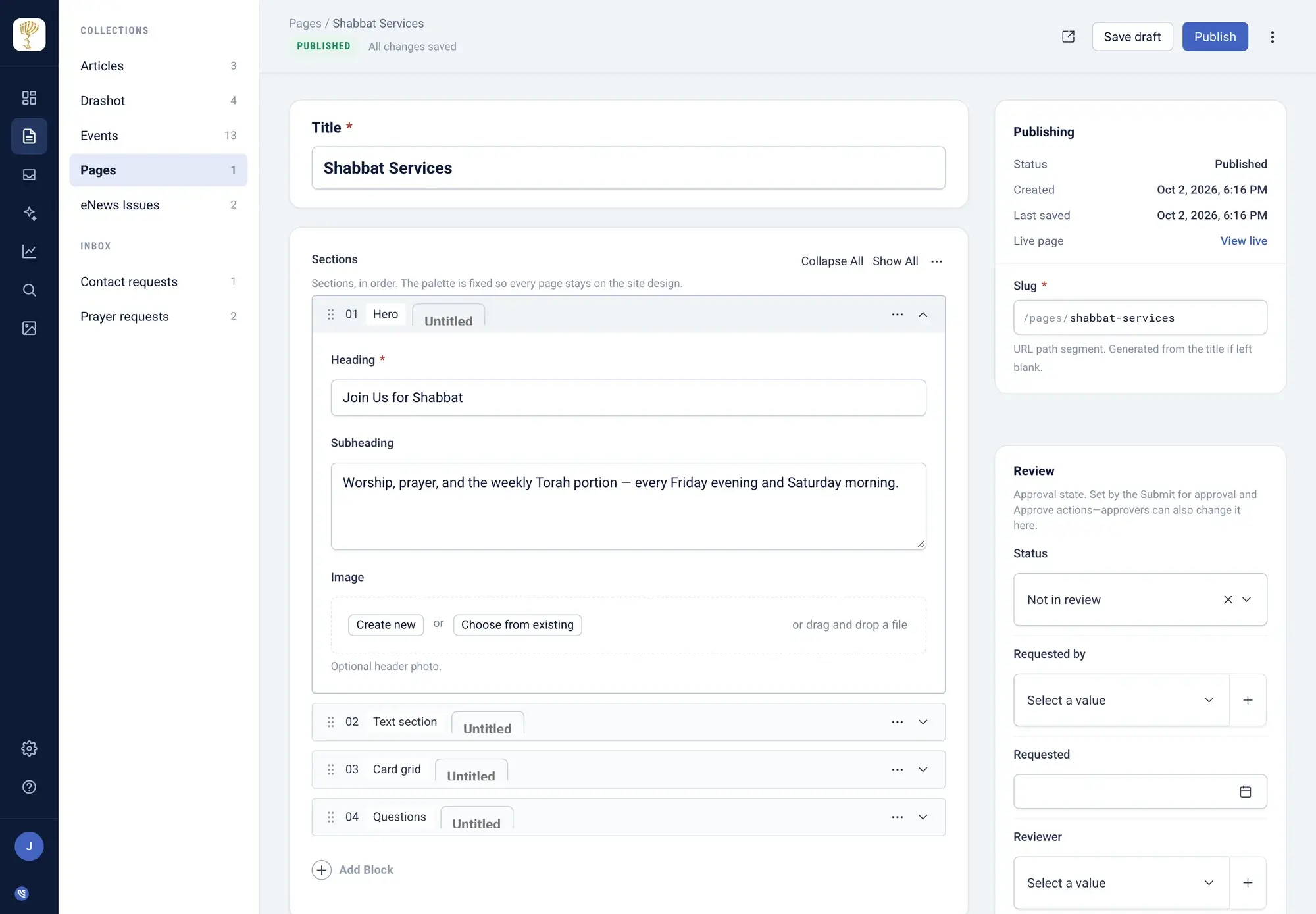 The page block editor in NewCulture Studio for a Messianic congregation with hero, text, cards, and FAQ blocks