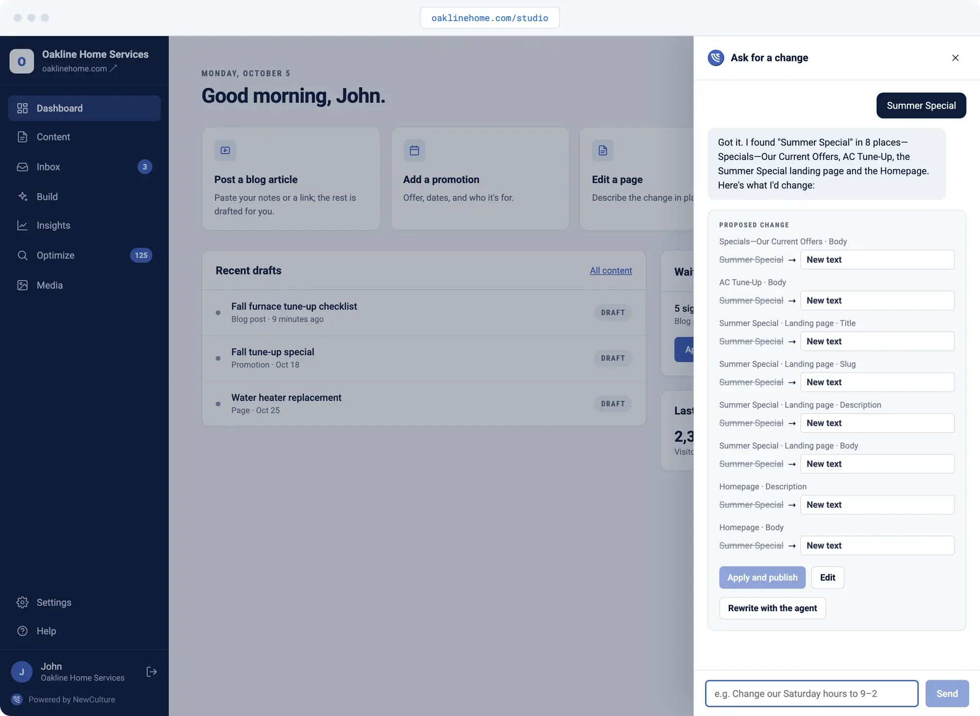 Ask for a Change in NewCulture Studio: one detail found everywhere it appears on a business site, ready to replace in one pass