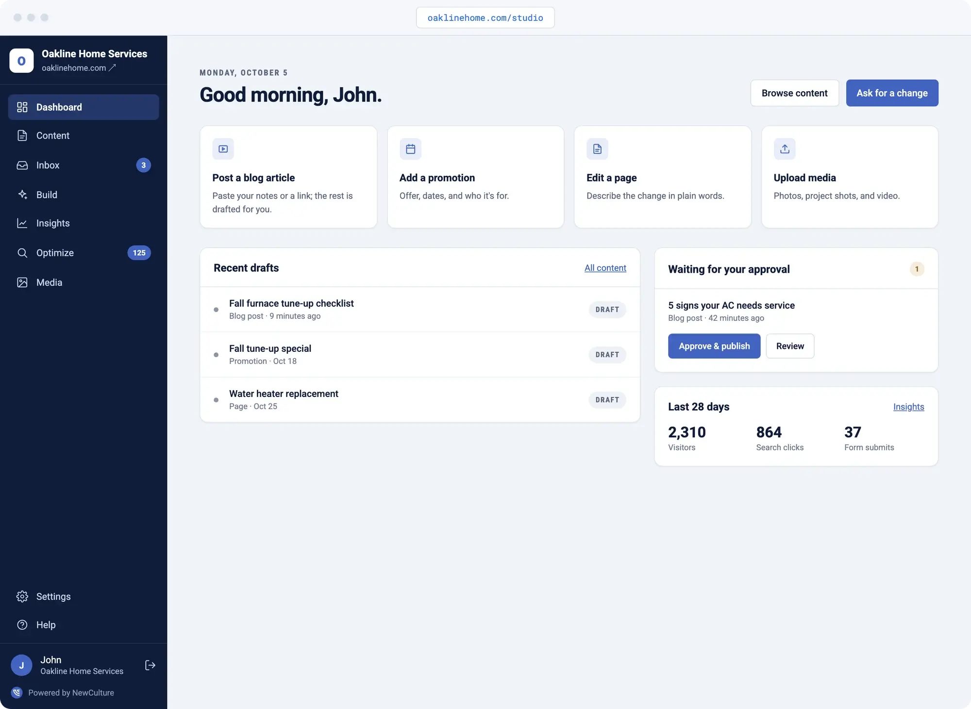 NewCulture Studio dashboard for a home services business: quick actions, recent drafts, a blog post waiting for approval, and the last 28 days of visitors and form submits