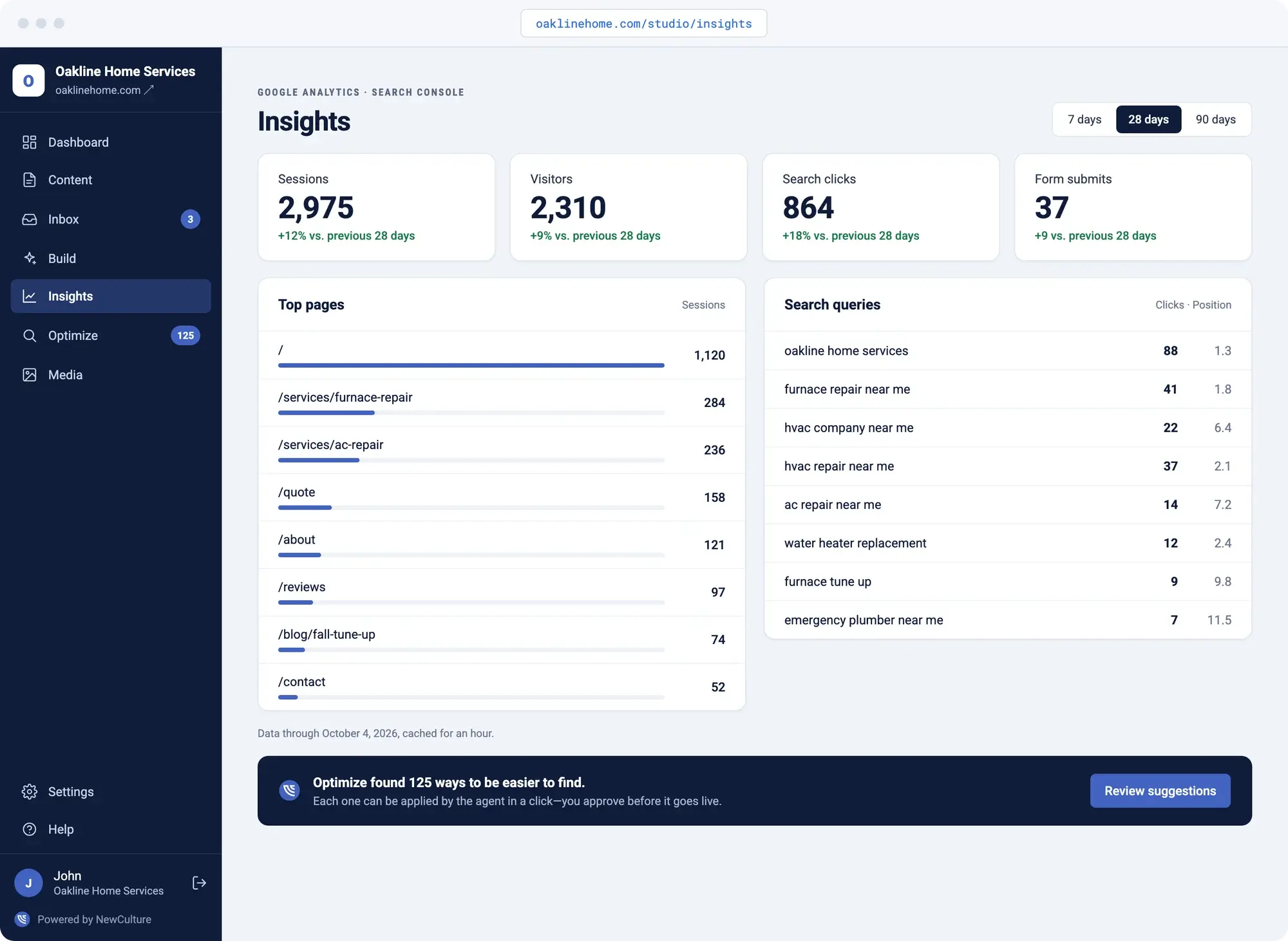 Insights in NewCulture Studio for a business site: visitors, search clicks, top pages, and search queries